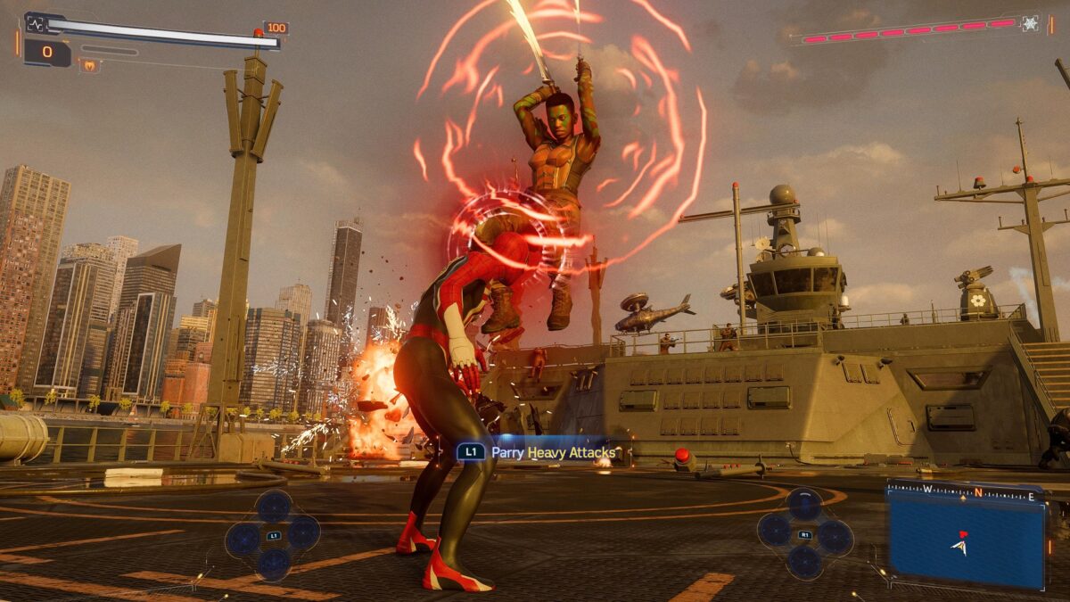 An enemy attacking the main character with a heavy attack. There is a visual cue consisting of red circles radiating from the enemy. In the bottom section of the screen a prompt tells you to press L1 to parry the heavy attack.