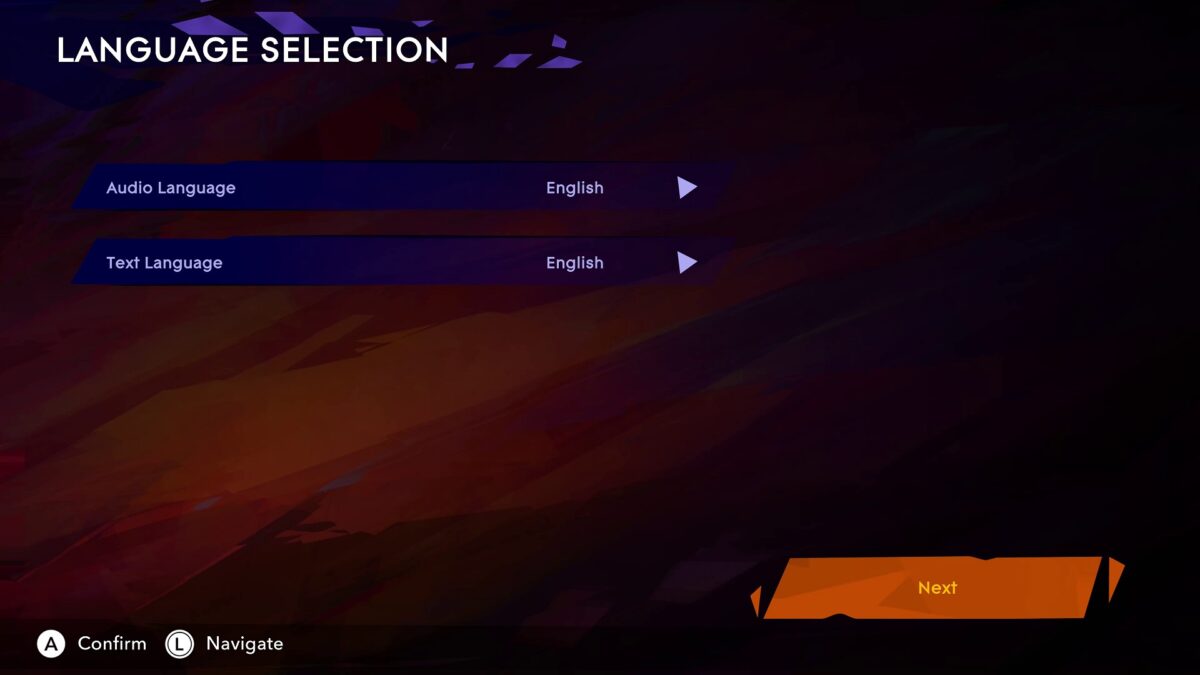 Initial setup showing Language Selection. Audio Language and Text Language are set to English. On the bottom right the Next button is highlighted.