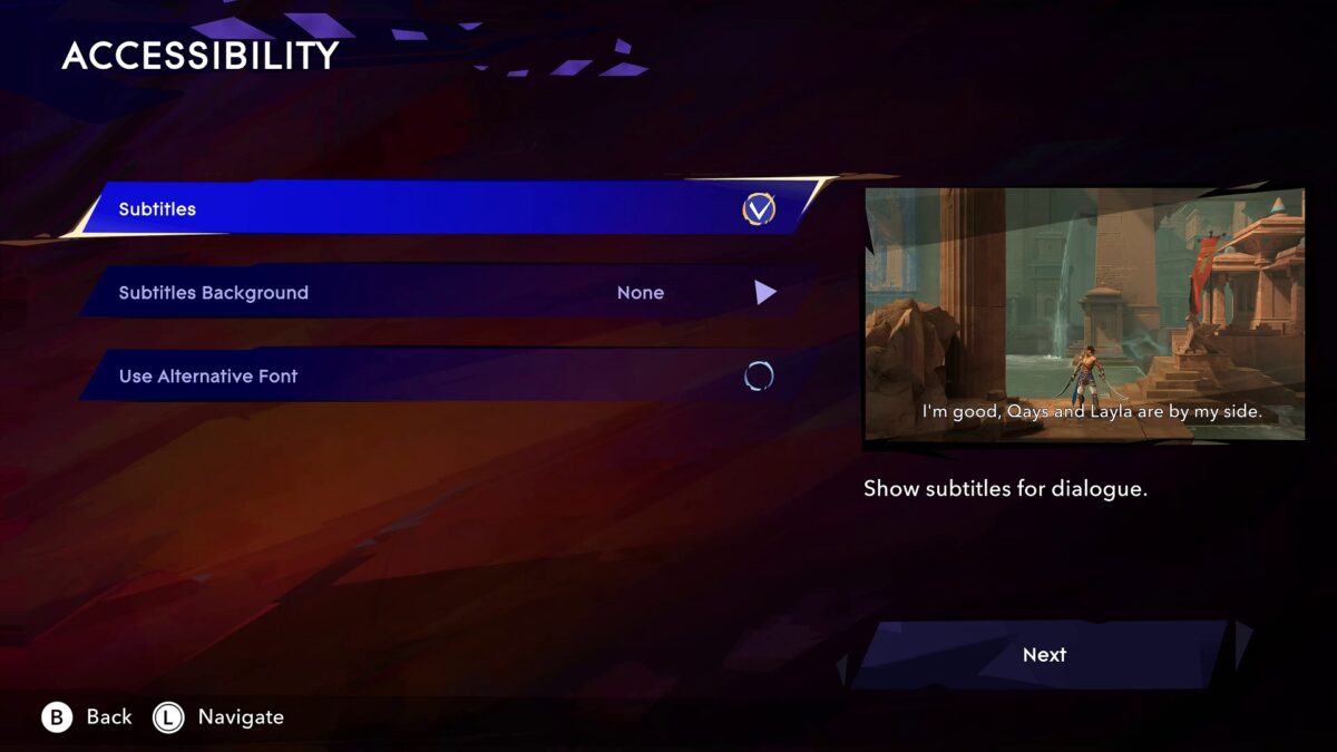 Initial setup showing Accessibility options. The highlighted option is Subtitles and has a check marker on the right. An example of how the subtitles look is displayed on an image on the right and it reads “I’m good, Qays and Layla are by my side”. The option description reads “Show subtitles for dialogue”. Below there are options for Subtitles Background and Use Alternative Font.