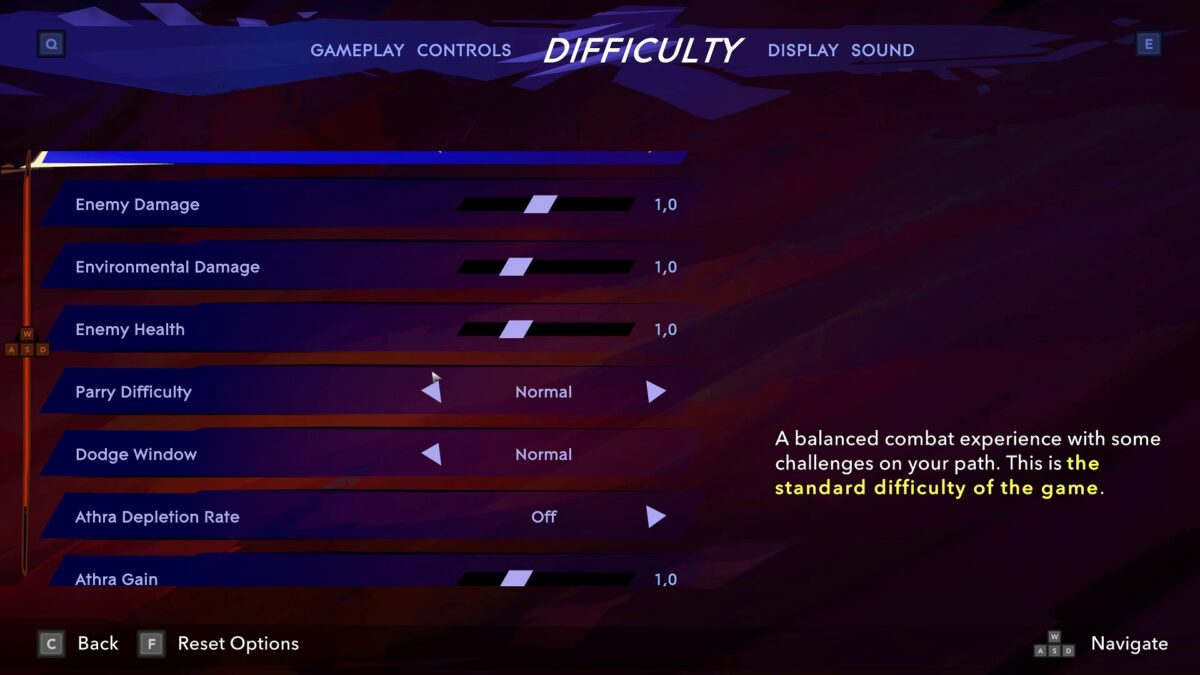 Difficulty options showing Enemy Damage, Environmental Damage, Enemy Health, Parry Difficulty, Dodge Window, Athra Depletion Rate and Athra Gain. The highlighted option is Difficulty, and it is offscreen and the description reads “A balanced experience with some challenges on your path.” The text “This is the Standard difficulty of the game” is colored in yellow.