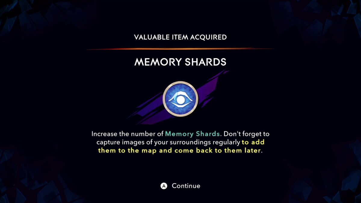A blue circle with a white eye in the middle. The item’s description says “VALUABLE ITEM ACQUIRED, MEMORY SHARDS. Increase the number of Memory Shards. Don’t forget to capture images of your surroundings regularly to add them to the map and come back to them later”.