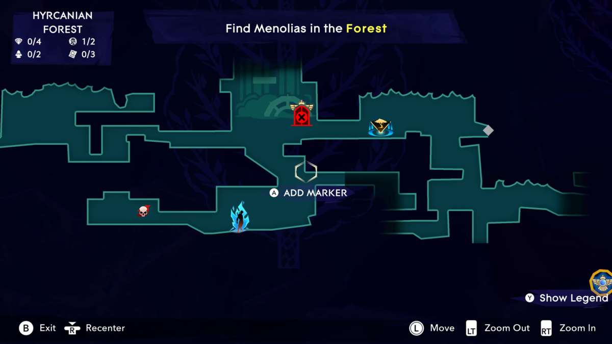 Map showing rooms and corridors. The visited areas are colored green, with a very dark background for the screen. There are different icons for doors, Wak-Wak trees, last death location, current player position. On the top left there is text with the name of the area and the number of collectables and how many have already been collected.