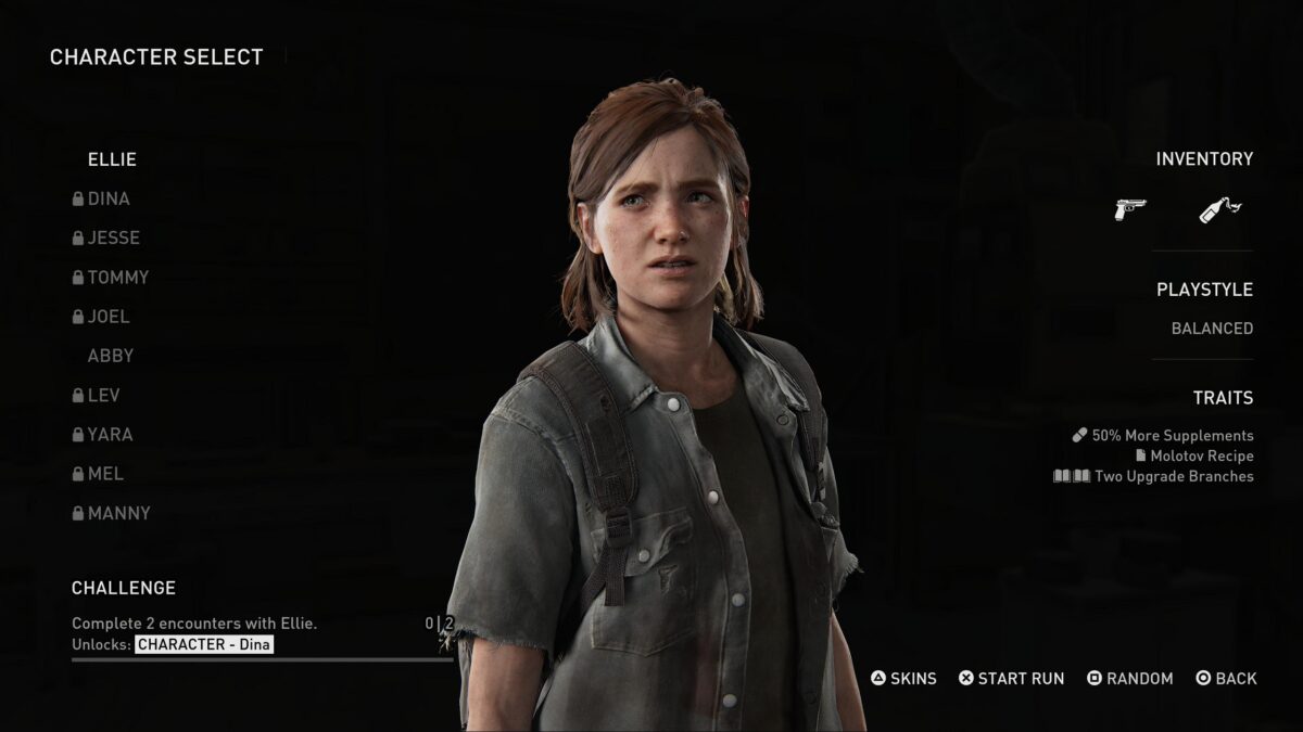Image showing CHARACTER SELECT. On the left there are a bunch of characters to choose from. The characters are, ELLIE, DINA, JESSE, TOMMY, JOEL, ABBY, LEV, YARA, MEL and MANNY. On the bottom left we can read, “CHALLENGE, Complete 2 encounters with Ellie. Unlocks: CHARACTER – Dina”. On the right side of the screen there is INVENTORY showing a gun and a Molotov icon. Right below, PLAYSTYLE that says, balanced. At the end of the list we can read, “TRAITS, 50% More Supplements, 1 Molotov Recipe and Two Upgrade Branches.”