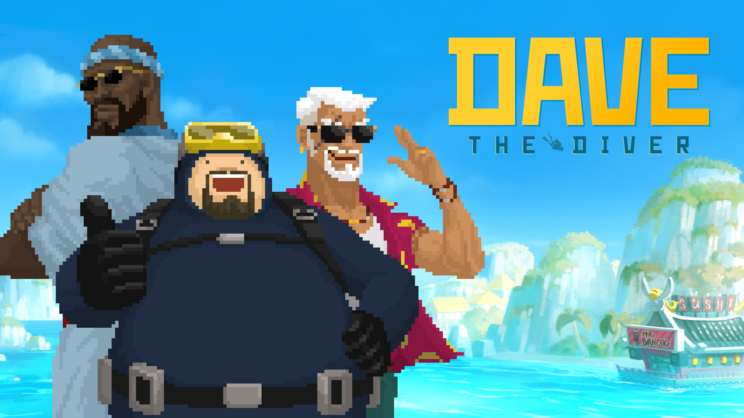 Three characters standing back to back. Dave is dressed in a diver suit and is making a thumbs up sign. Cobra, has white hair, goatee and shaded glasses. Bancho also wears shades, a bandana and has his arms crossed over the chest.