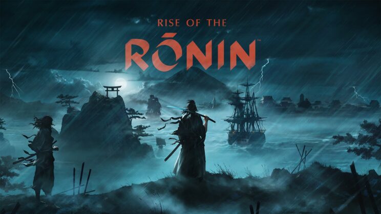 A ronin with his back turned, while he rests his sword on his shoulder. In the distance, the clouded sky draws the silhouettes of mountains, castles and a ship sails the rough sea. Lightning strikes in the distance.