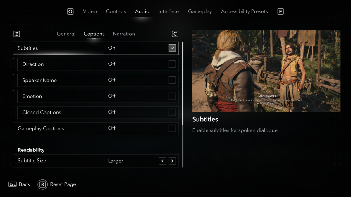 Audio menu under the Captions tab in Assassin's Creed Black Flag Resynced. The menu lists 7 options: Subtitles, Direction, Speaker Name, Emotion, Closed Captions, Gameplay Captions, and Subtitle Size. The Subtitles option is enabled, next to an in-game preview panel.