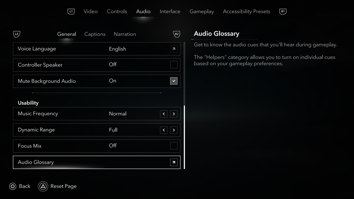 Audio menu under the General tab in Assassin's Creed Black Flag Resynced. The menu lists 7 options: Voice Language, Controller Speaker, Mute Background Audio, Music Frequency, Dynamic Range, Focus Mix, and Audio Glossary. The Audio Glossary option is selected.