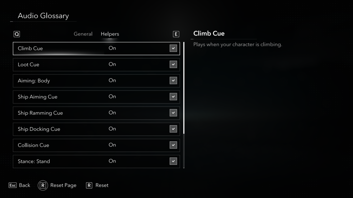Audio Glossary menu under the Helpers tab in Assassin's Creed Black Flag Resynced. The menu lists 8 options: Climb Cue, Loot Cue, Aiming: Body, Ship Aiming Cue, Ship Ramming Cue, Ship Docking Cue, Collision Cue, and Stance: Stand. The Climb Cue option is highlighted and set to "On".