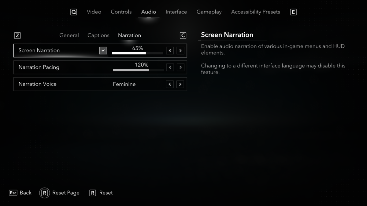 Audio menu under the Narration tab in Assassin's Creed Black Flag Resynced. The menu lists 3 options: Screen Narration, Narration Pacing, and Narration Voice. The Screen Narration option is enabled, volume set to 65%, next to an explanation panel.