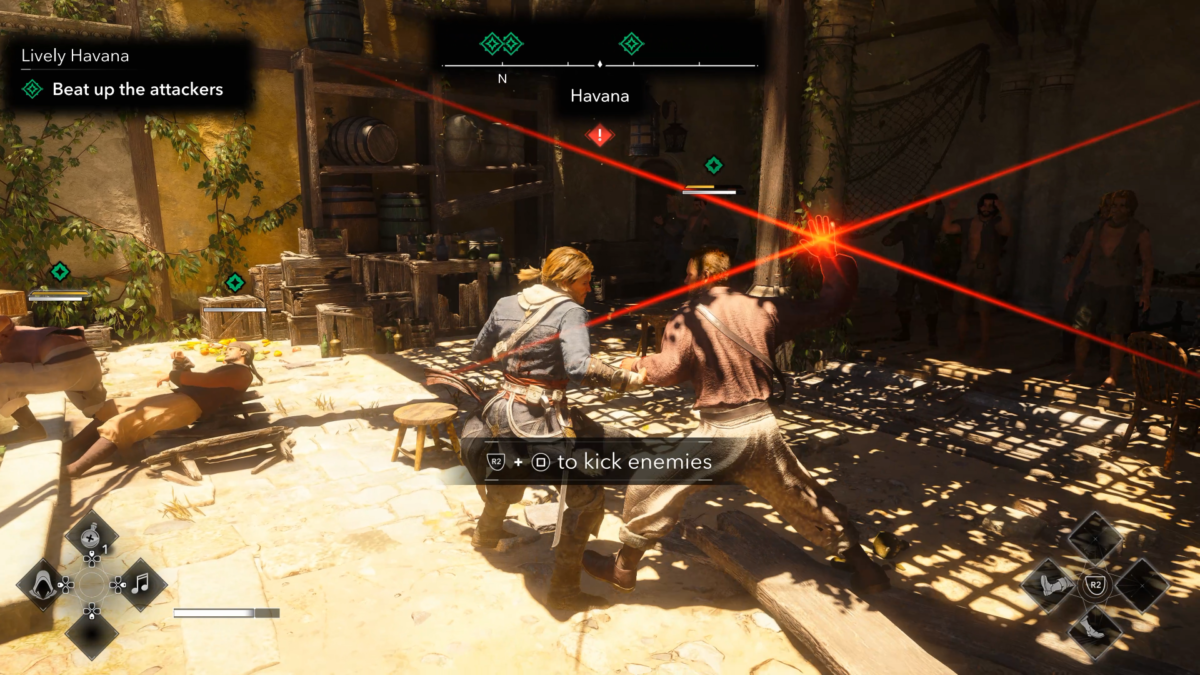 A third-person screenshot of melee combat. A glowing red visual indicator with lines crisscross the screen from the point of attack. The protagonist prepares to dodge. A controller button prompt reads "R2 + Square to kick enemies".