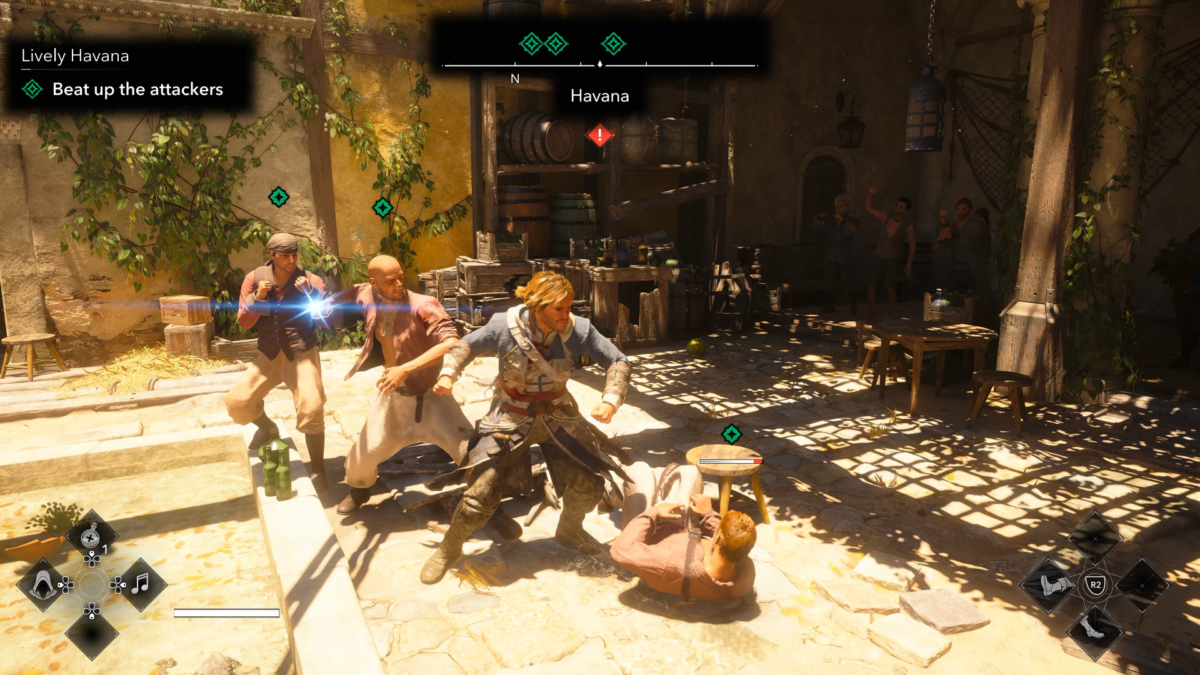 A third-person gameplay screenshot of melee combat. A a blue light flash indicator shows an incoming attack that can be parried.