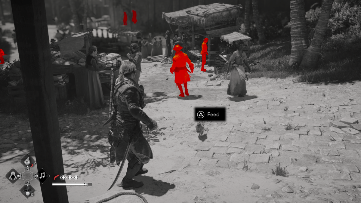 Gameplay screenshot showing the Eagle Vision mechanic active in a crowded marketplace. The entire environment is rendered in grayscale, while several guards and targets stand out highlighted in a bright, solid red color.