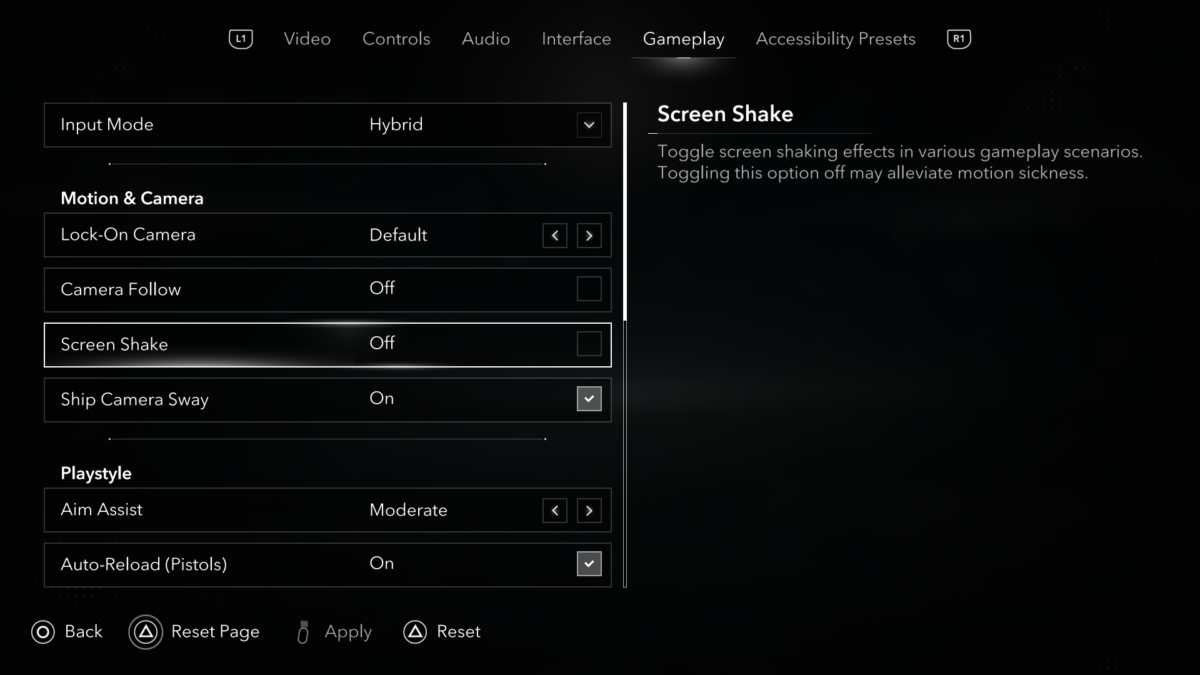 Gameplay menu top side in Assassin's Creed Black Flag Resynced. The screen lists 7 options: Input Mode, Lock-On Camera, Camera Follow, Screen Shake, Ship Camera Sway, Aim Assist, and Auto-Reload (Pistols). The Screen Shake option is set to "Off".
