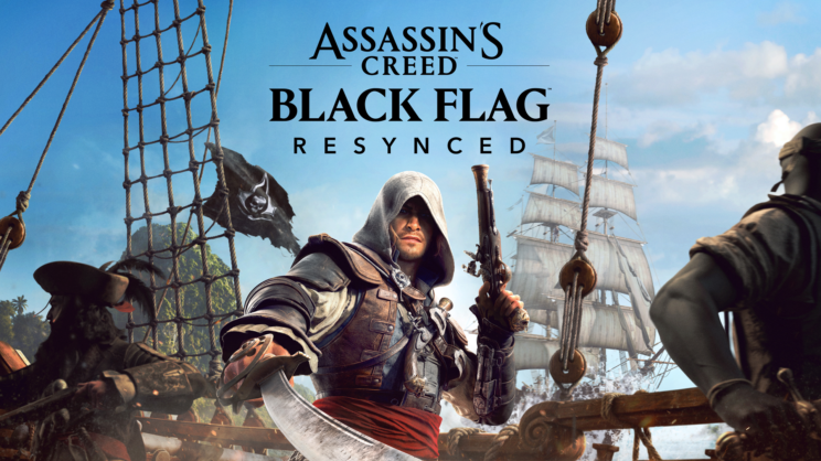 Cover artwork for Assassin's Creed Black Flag Resynced featuring the game logo above the protagonist, Edward Kenway, standing on the deck of a pirate ship while holding a cutlass and a flintlock pistol.