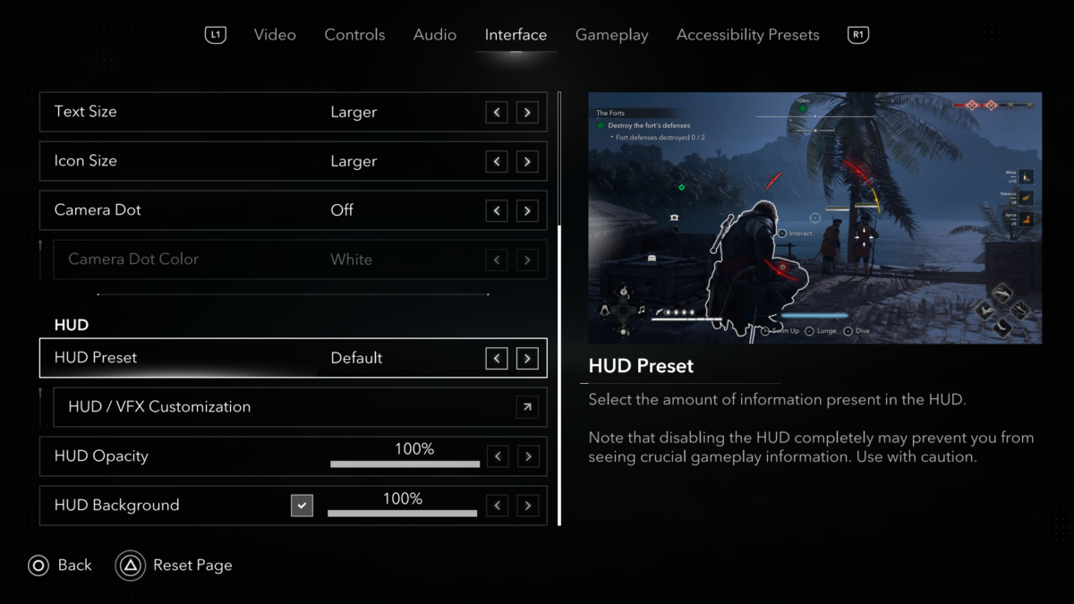 Interface menu in Assassin's Creed Black Flag Resynced. The menu lists 7 options: Text Size, Icon Size, Camera Dot, Camera Dot Color, HUD Preset, HUD / VFX Customization, HUD Opacity, and HUD Background. The HUD Preset option is set to "Default", next to a user interface preview.