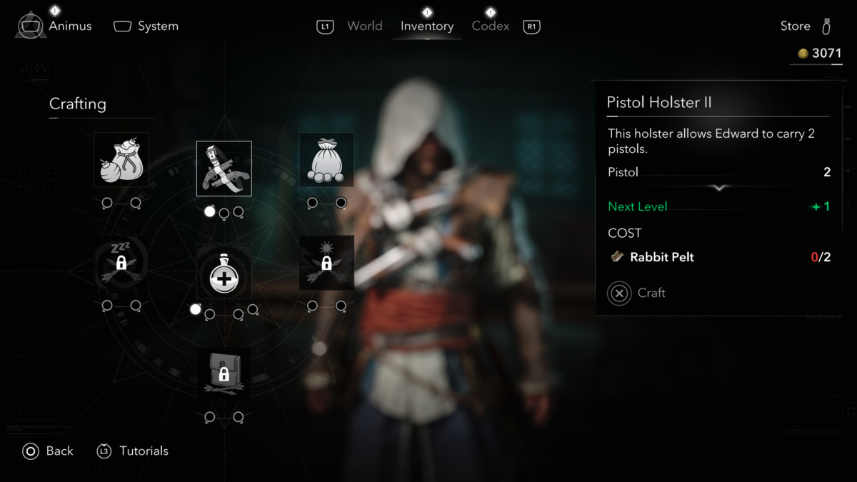 The Inventory tab of the crafting menu in Assassin's Creed Black Flag Resynced. A wheel of upgrade categories is shown on the left, with the Pistol Holster II option selected. The right panel displays the upgrade details, showing a requirement of 2 Rabbit Pelts.
