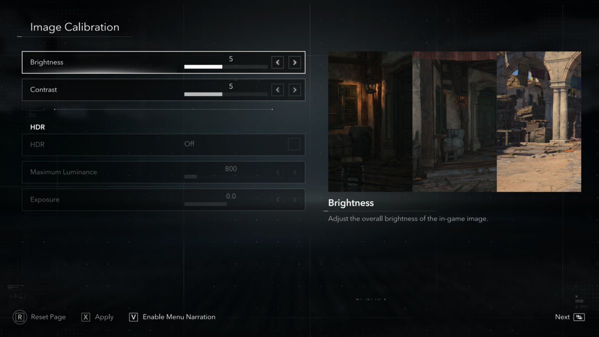 Image Calibration menu in Assassin's Creed Black Flag Resynced. The menu lists 5 options: Brightness, Contrast, HDR, Maximum Luminance, and Exposure. The Brightness is set at a value of 5, next to a visual reference image.