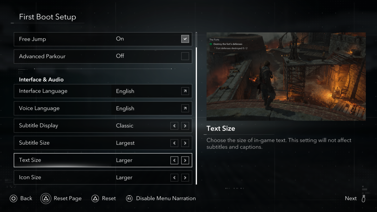 First Boot Setup menu in Assassin's Creed Black Flag Resynced. The menu lists 8 options: Free Jump, Advanced Parkour, Interface Language, Voice Language, Subtitle Display, Subtitle Size, Text Size, and Icon Size. The Text Size option is selected with a value of "Larger", next to an in-game preview showing a character on a fort balcony.