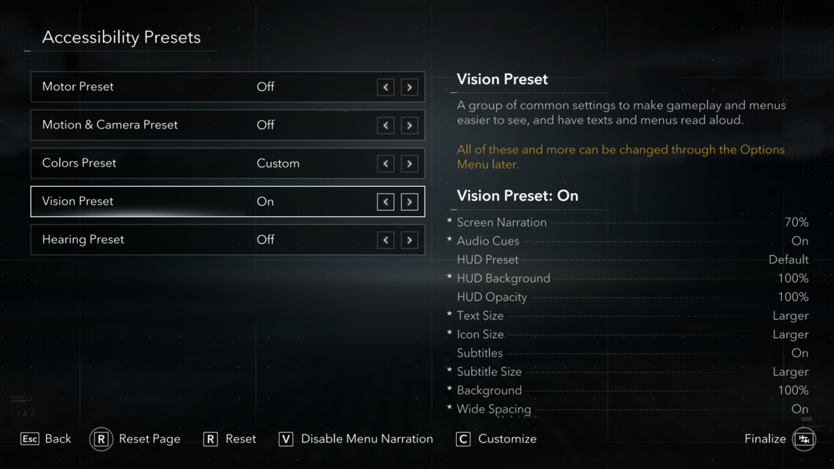 Accessibility Presets menu in Assassin's Creed Black Flag Resynced. The menu lists 5 presets: Motor Preset, Motion & Camera Preset, Colors Preset, Vision Preset, and Hearing Preset. The Vision Preset option is selected and turned "On", displaying a detailed list of active settings on the right panel.