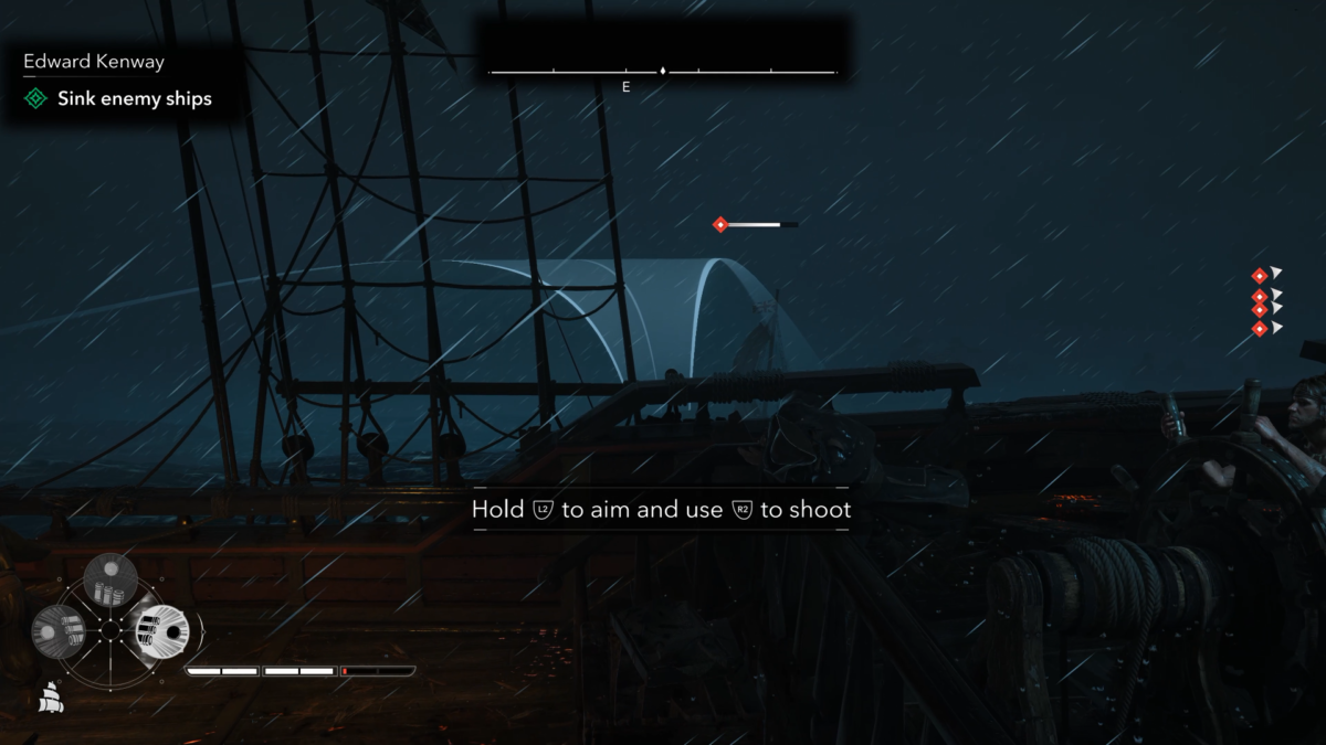 Ship-deck gameplay view of naval combat during a heavy night storm. A glowing white arc overlay projects across the dark water toward an enemy ship, showing the shooting trajectory.