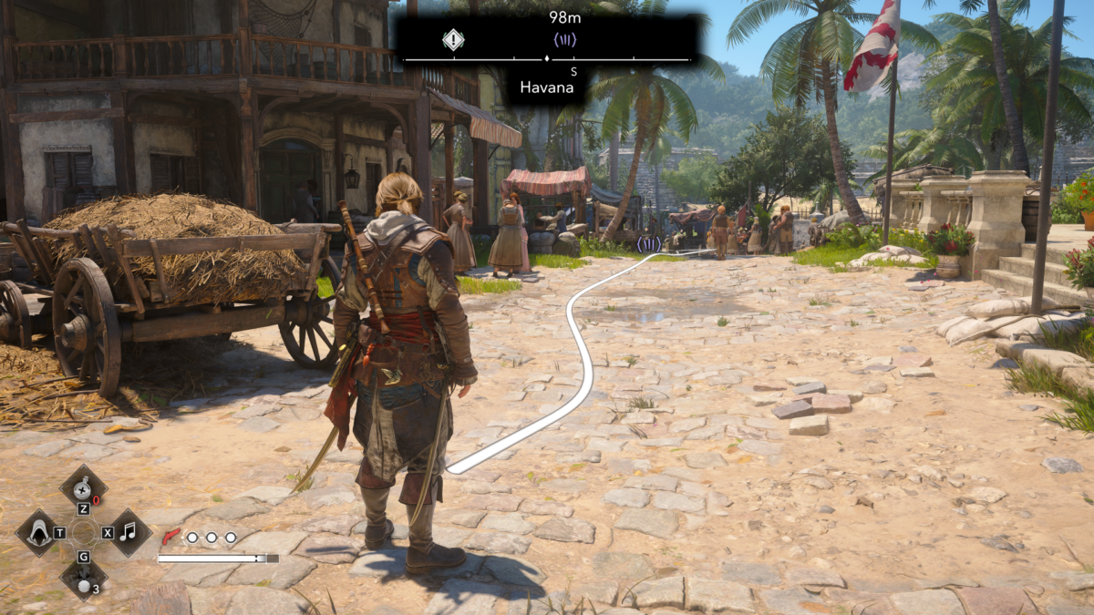 Third-person gameplay screenshot showing the Pathfinder navigation line active on a cobbled street during daytime. A bright white guideline curves along the ground, directing the protagonist towards his objective