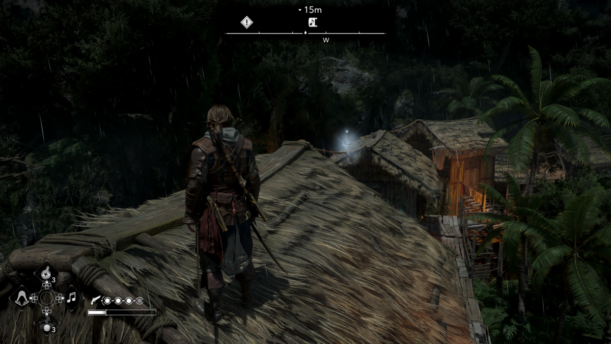 Gameplay screenshot of the protagonist standing on a roof looking out over a tropical village while rain falls. A glowing white collectible page floats above a nearby rooftop in the distance.