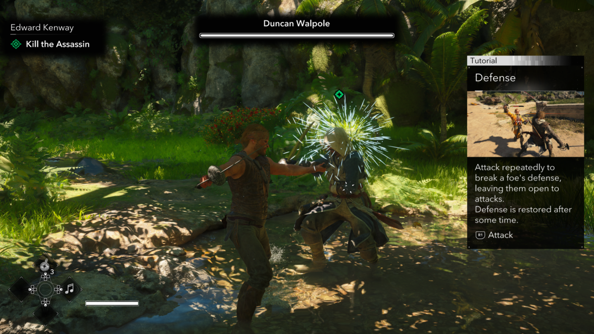 Gameplay screenshot of a sword duel in a shallow river. A "Defense" tutorial panel on the right side of the screen explains how to break an opponent's guard.