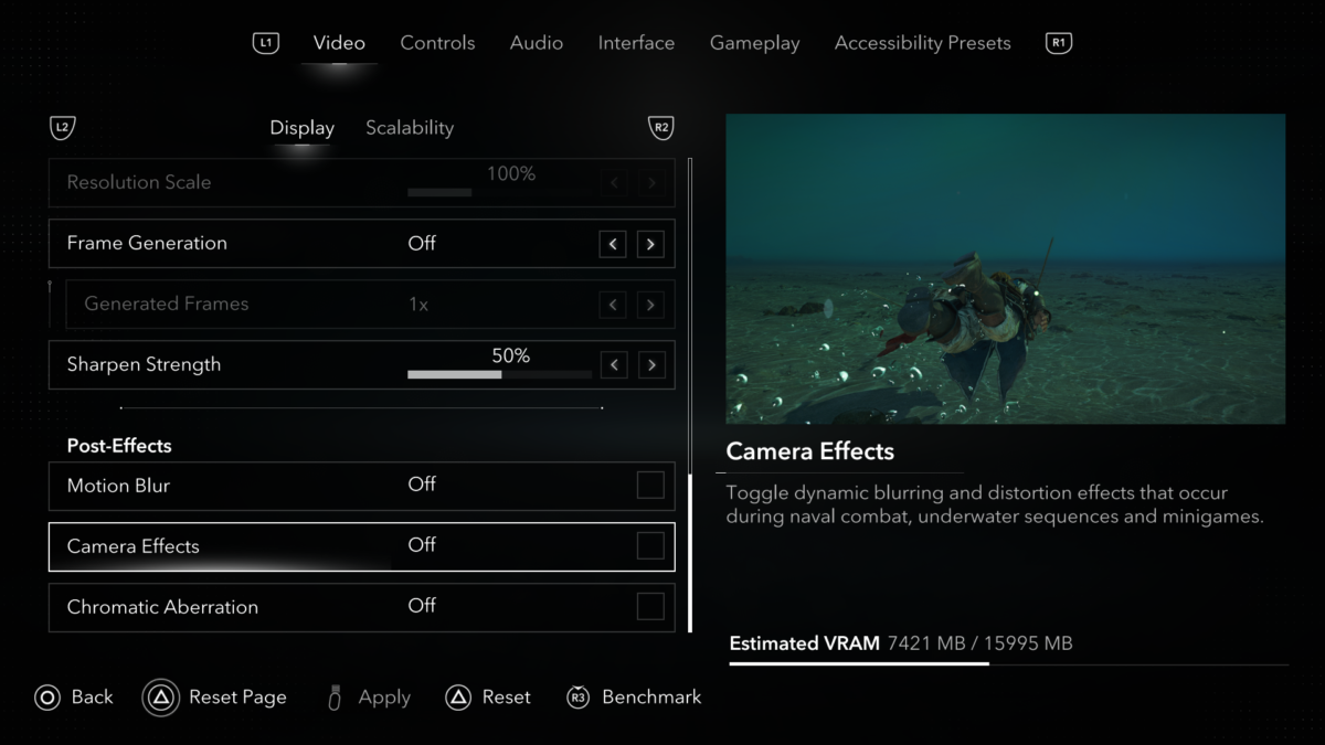 Video menu under the Display tab in Assassin's Creed Black Flag Resynced. The screen lists 7 options: Resolution Scale, Frame Generation, Generated Frames, Sharpen Strength, Motion Blur, Camera Effects, and Chromatic Aberration. The Camera Effects option is set to "Off".